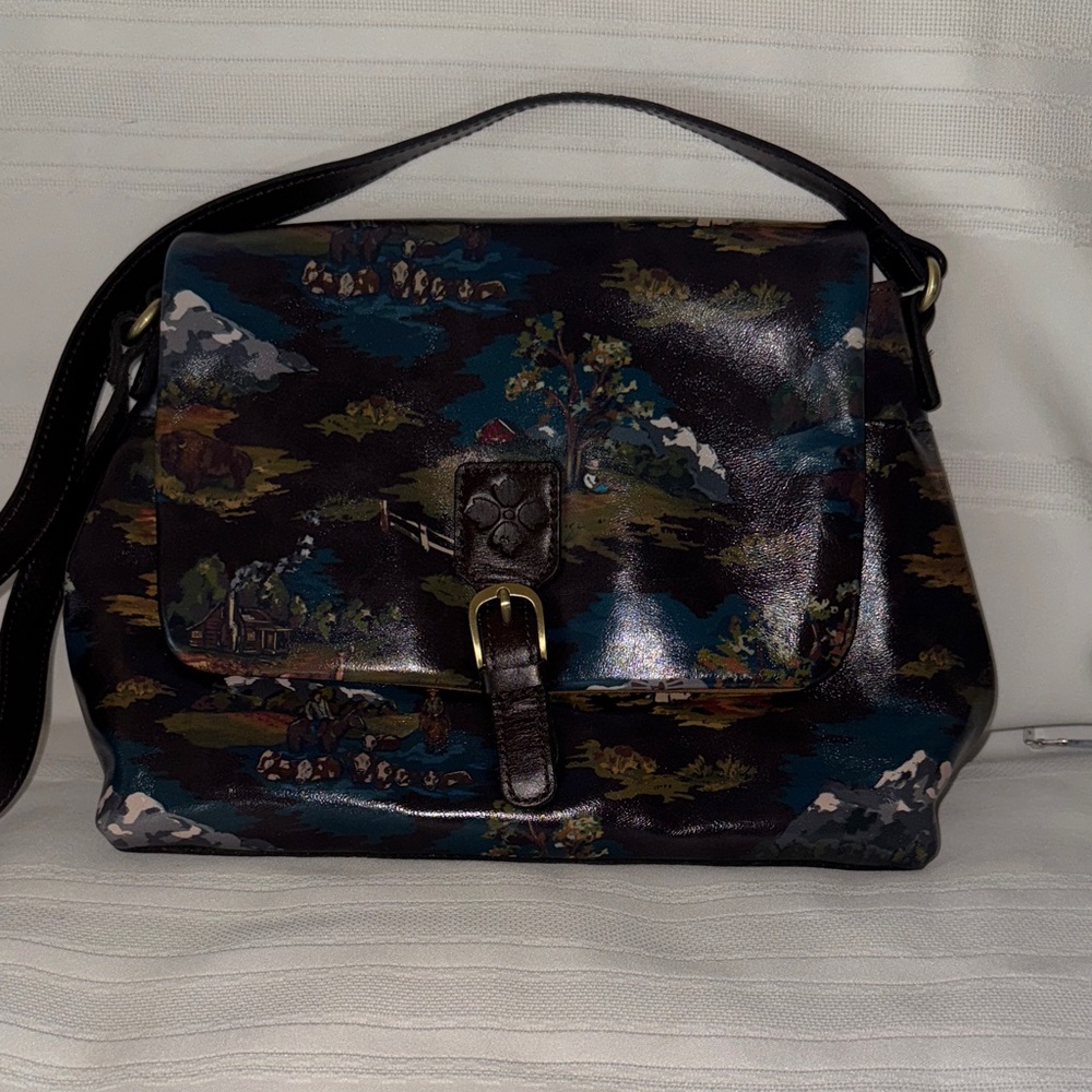 Patricia Nash Leather Montana Praire Skies Print Chocolate Med Flap Shoulder Bag